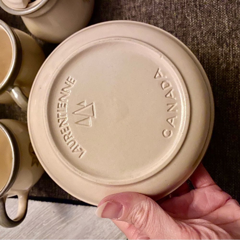 9 + 5 +1 LAURENTIAN pottery tea coffee mugs cups cream w trim +plates+sugar bowl